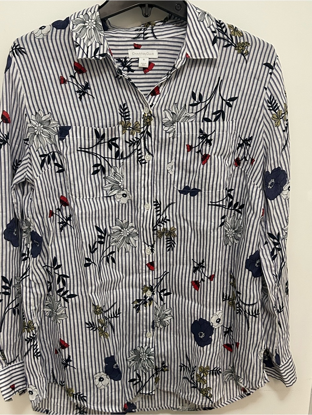 Charter Club Navy & White Striped Floral Button-Down 100% linen